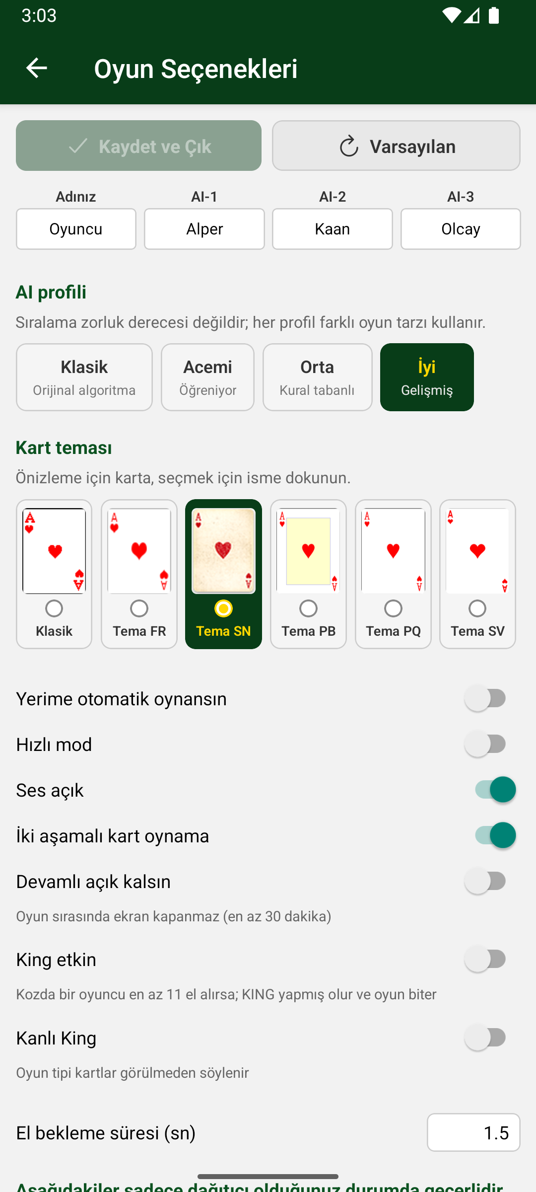 Oyun seçenekleri