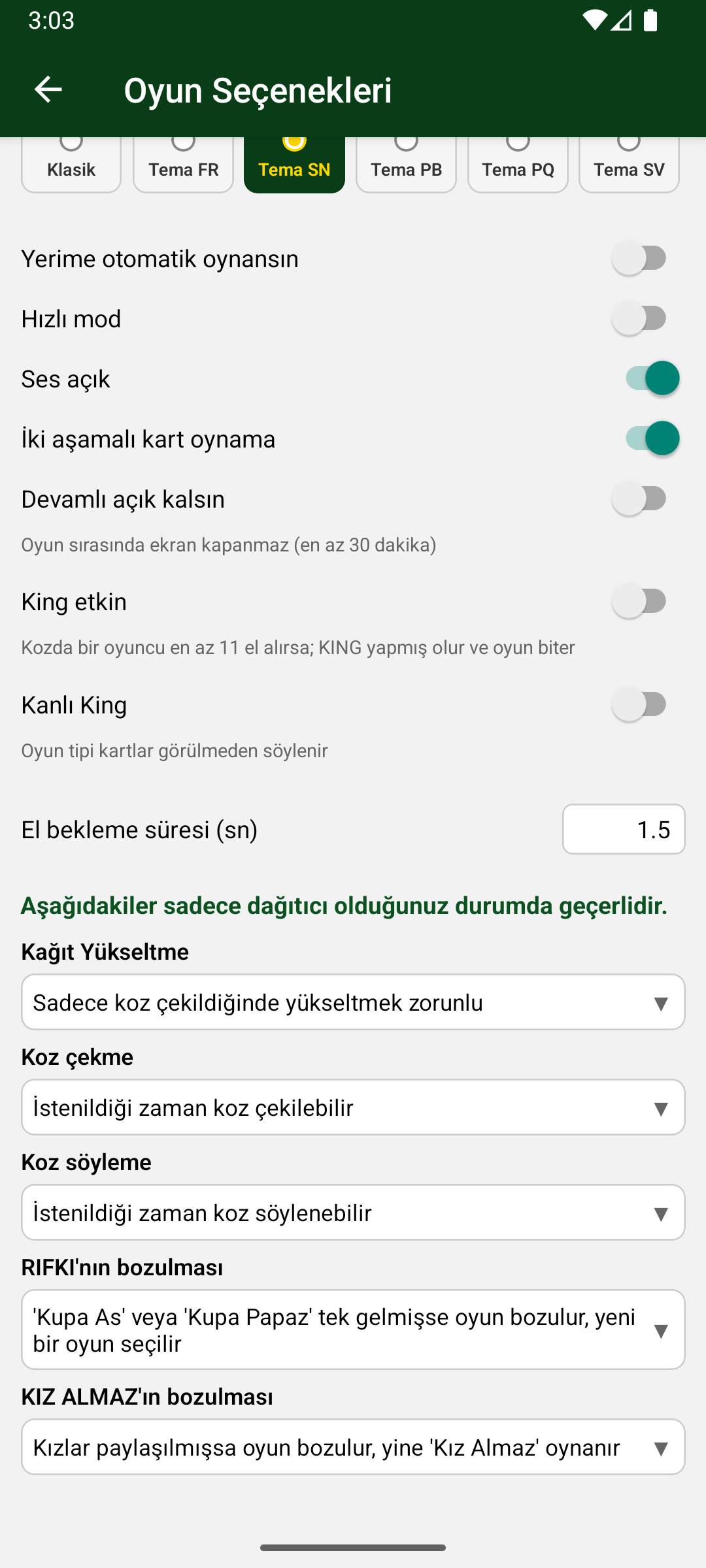 Oyun seçenekleri
